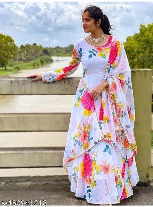 Flower-printed georgette Anarkali kurtis and dupatta set for festive wear, traditional Indian ethnic fashion. Long-sleeved, trending design suitable for weddings or parties