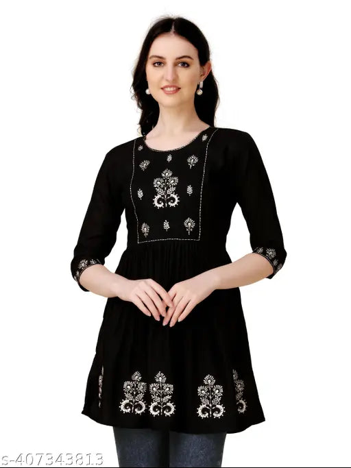 Rayon embroidered A-line tunic for women, three-quarter sleeves and contemporary casual style