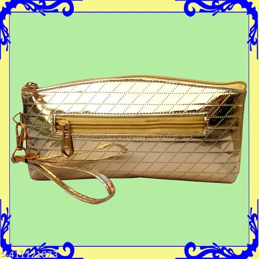 Golden metallic ladies clutch with multiple card slots, ideal for parties and events