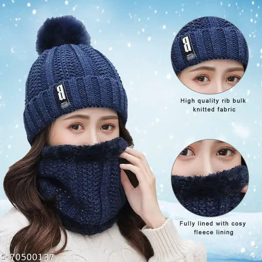 Navy blue winter beanie hat for women with pom pom and fleece lining for outdoor sports hats above 15 year