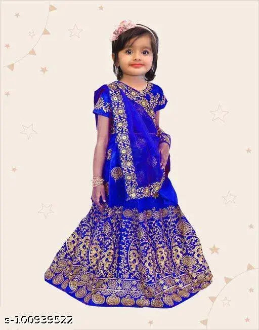 Taffeta silk embroidered Lehenga choli set with net dupatta, Indian traditional kids outfit for 0-14 years, short sleeves, trending doll