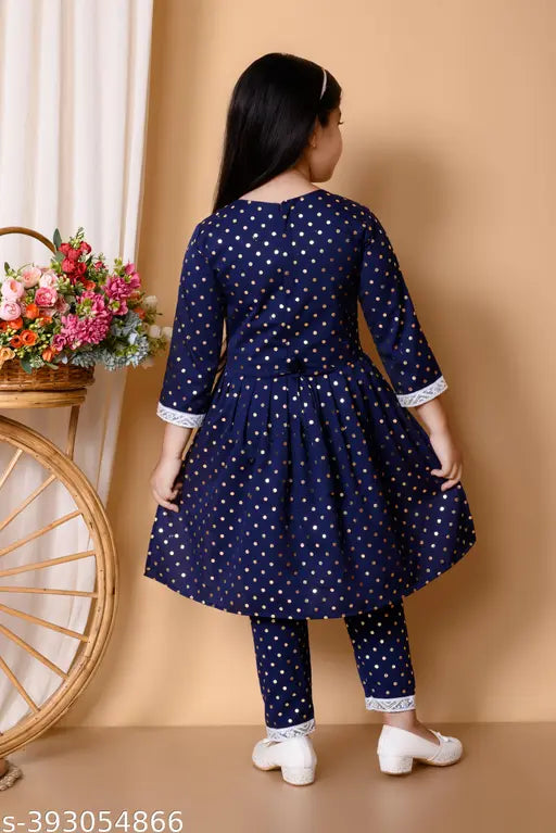 Multicolor cotton partywear frock & dress combo for kids (ages 1-10 years, colors: blue, red, purple), A-line top with three-quarter sleeves and pyjama bottoms