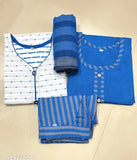 Women's kurta pant set with blue and white striped design, buttoned at front