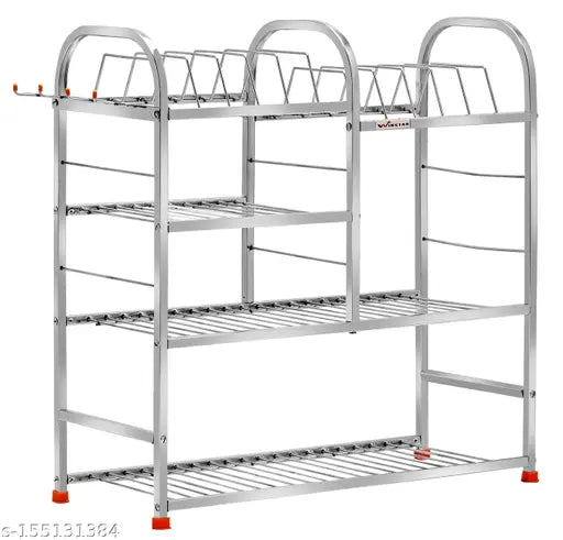 Stainless steel 4-shelf kitchen utensil rack, dishwasher-safe plate & cutlery stand. Space-saving modular kitchen organizer, 10.5x24 inches