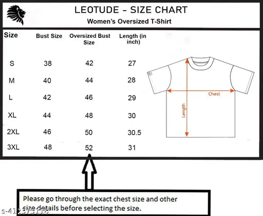 Women's large round neck T-shirt in white, size chart with length and trim information