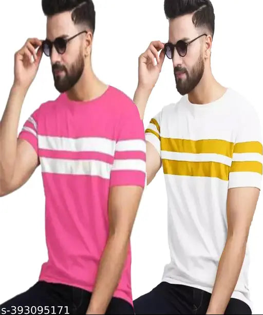 Men's cotton blend striped round neck t-shirt, short sleeves, trendy half sleeve style. Sizes: S (38in chest, 26in length), XL (44in chest, 27.5in length), XXL (46in chest, 28in length). Indian made, casual men's striped jersey