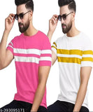 Men's cotton blend striped round neck t-shirt, short sleeves, trendy half sleeve style. Sizes: S (38in chest, 26in length), XL (44in chest, 27.5in length), XXL (46in chest, 28in length). Indian made, casual men's striped jersey