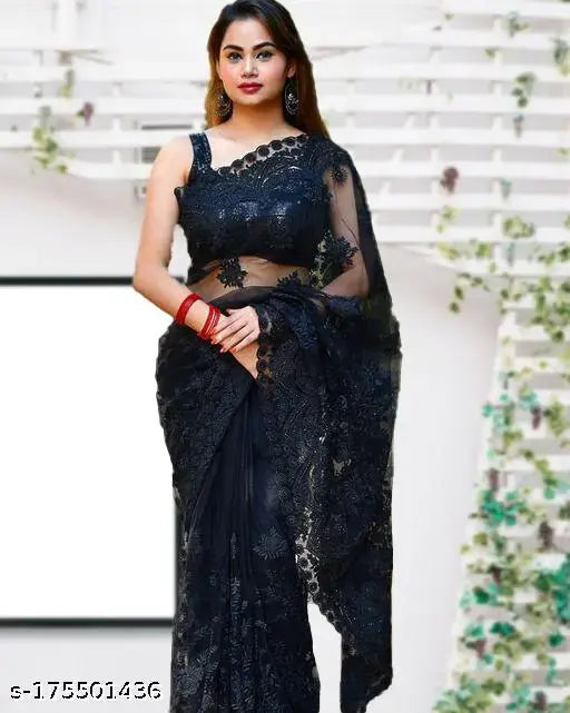 Attractive net saree with embroidered pattern, free size, 5.5m length from India