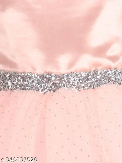 Peach net embellished girls party dress, Indian-made, 1-2 years size with shoulder straps and printed pattern