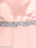 Peach net embellished girls party dress, Indian-made, 1-2 years size with shoulder straps and printed pattern