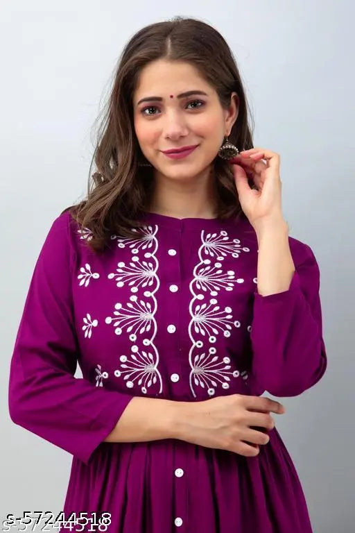 Rayon Mor Style Straight Embroidered Kurti with three-quarter sleeves, Indian mirror embroidery for everyday and occasion wear. Sizes: S, M, L, XL, XXL