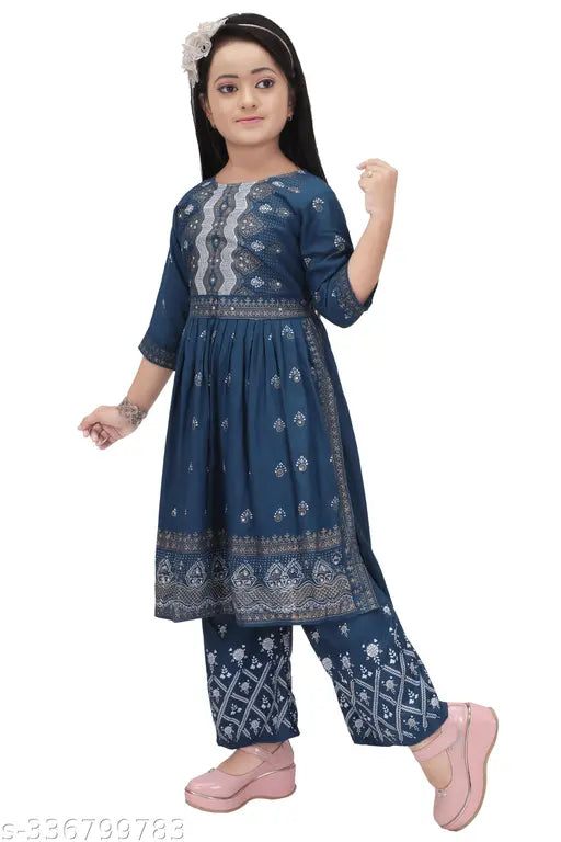 Blue color printed kid girls Naira Cut Kurta set with palazzo bottoms, rayon fabric