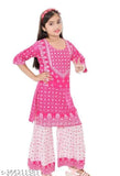 Printed rayon kids set with bottomwear, three-quarter sleeves, rayon dupatta, colorful pattern for 5-6 years old (size 26in/24in/22in/1.5in), made in India