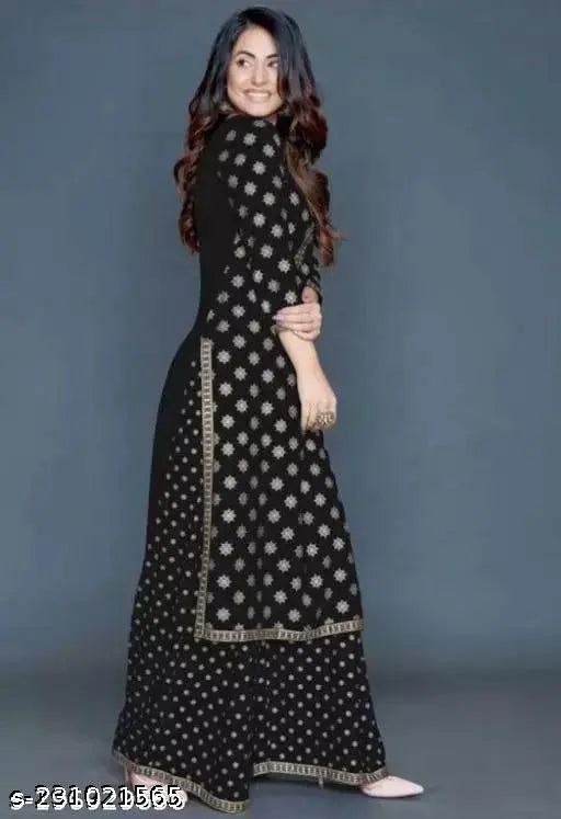 Trendy rayon kurta set with palazzos, printed net design, suitable for women S-XXXL sizes