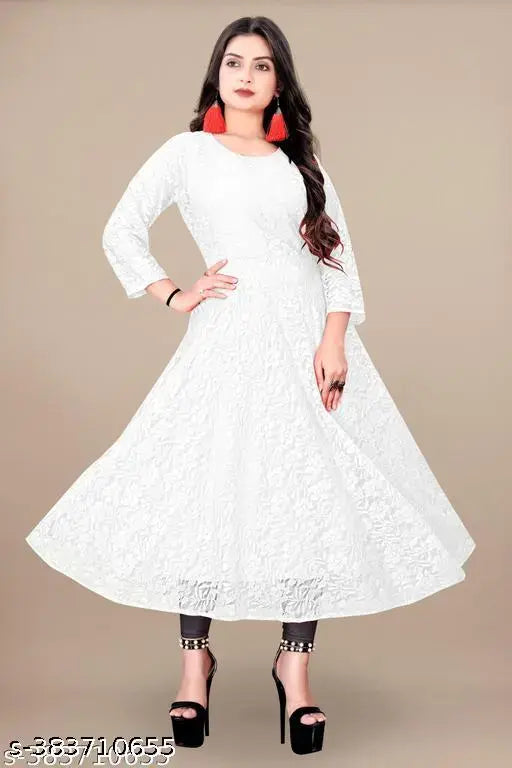 Anarkali net gown with three-quarter sleeves, self-design, perfect for weddings and parties. Indian embroidered anarkali kurtis available in S-XXL sizes