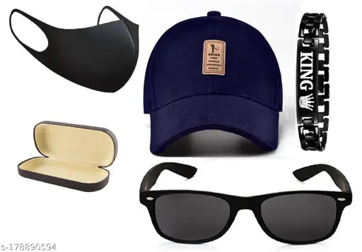 Solid craft Ediko cap + polarized sunglasses king bracelet and mask for men & boys, cotton print baseball cap set with matching accessories, India origin