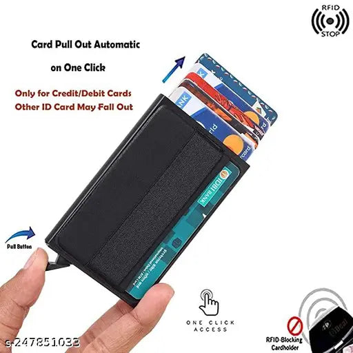 Black aluminum unisex card wallet with printed design, four compartments. Free-size wallet from Stealodeal (India)
