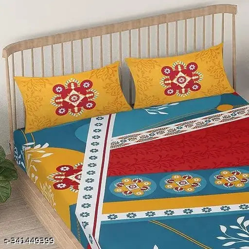 Multicolor abstract motif printed 100% cotton flat sheet for summer, ideal for adults, two pillow covers included