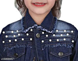 Dark denim kids jacket with ruffled collar and button closure