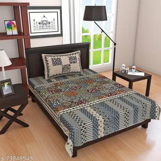 Blue cotton Barmeri Chokada and Dandiya flat sheets - Jaipuri print, superfine quality for summer adult bedding, traditional Sanganeri screen printing, long-lasting, skin & environment friendly