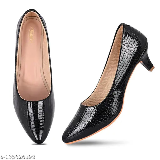 Black women's high heel dress shoes, pointed toe, black belt, patent leather