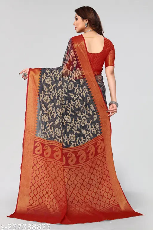 Grey Brasso floral printed chiffon saree with chiffon blouse for women, India origin
