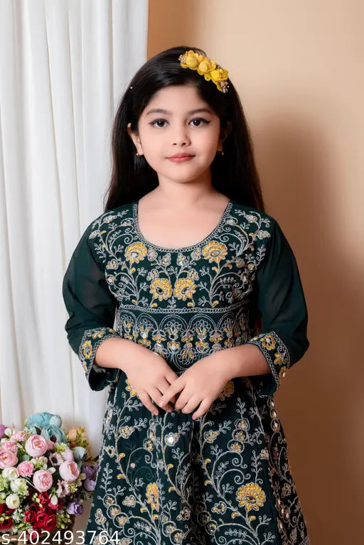 Green Georgette embroidered lehenga for kids, three-quarter sleeves partywear