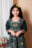 Green Georgette embroidered lehenga for kids, three-quarter sleeves partywear