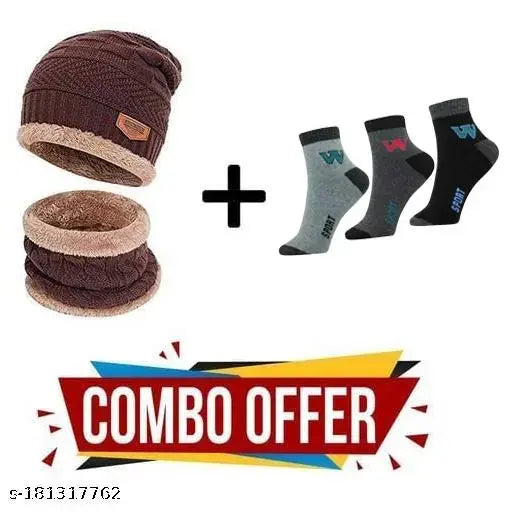 Arcylic wool beanie cap set with muffler scarf & ankle-length socks, Indian origin - Soft & unisex