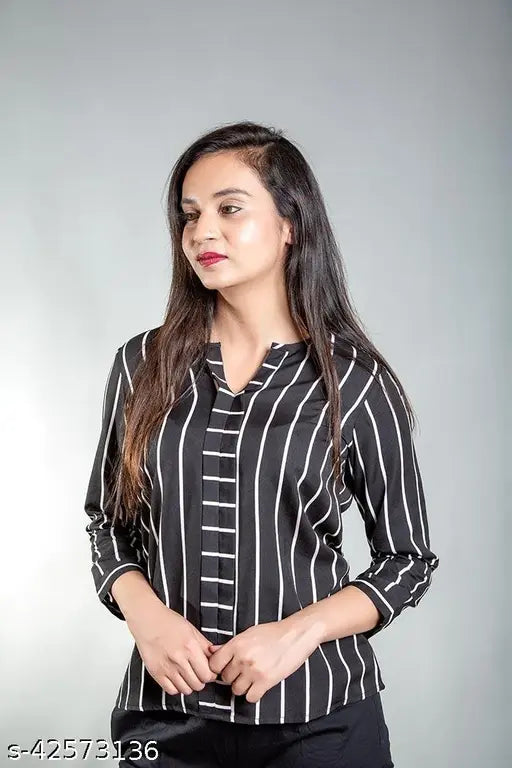 Stylish crepe, three-quarter sleeve women's tops with printed net pattern, India
