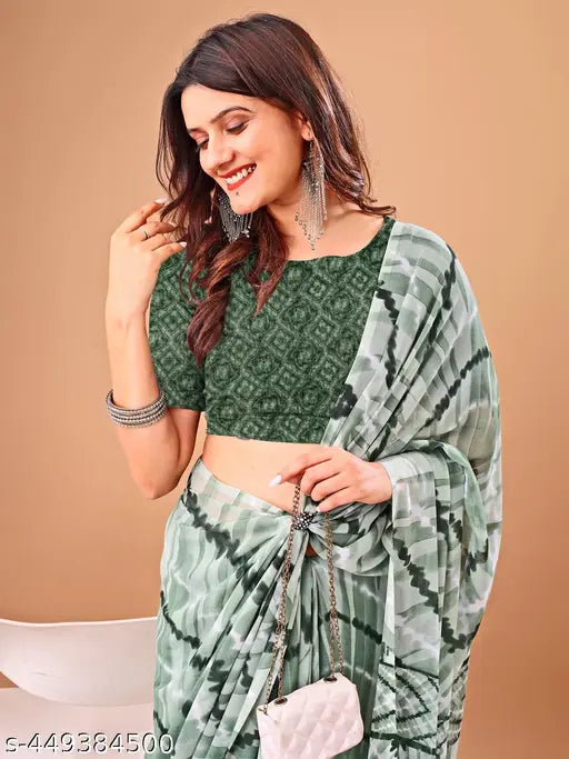 Leelavati attractive design printed chiffon saree and blouse set, free size, India origin