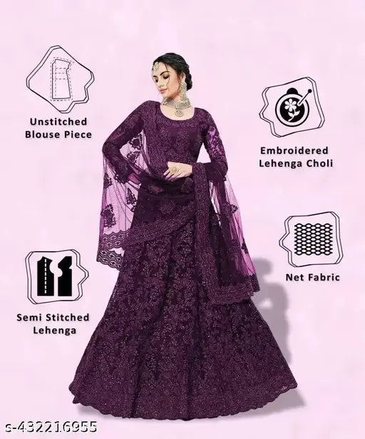Purple embroidered net lehenga choli and dupatta, semi-stitched Indian bridal wear