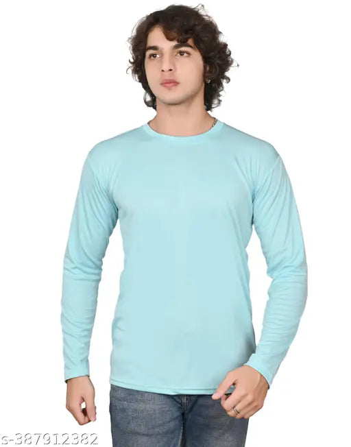 Stylish solid polyester long-sleeve T-shirt set for men and boys, available in multiple colors including white, seagreen, sky, teal, and blue. Set includes 5 sizes (S to XL)