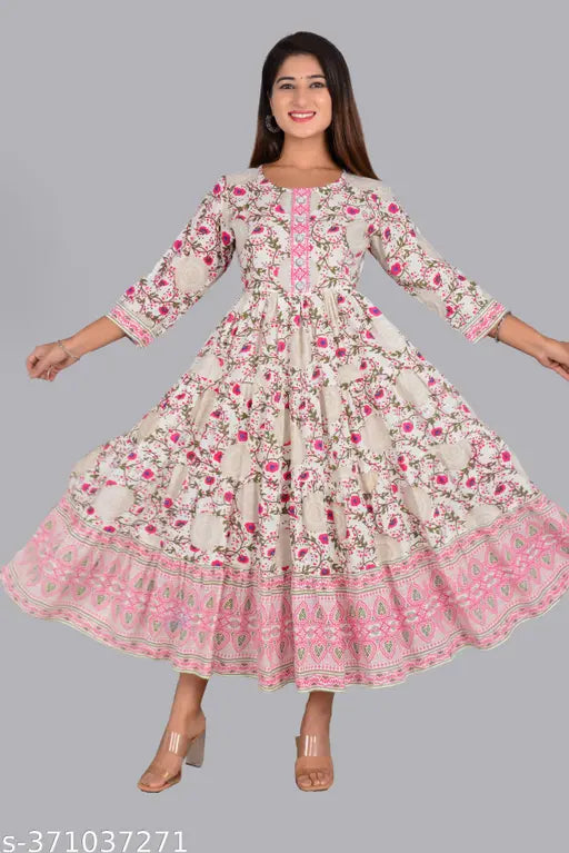 AURELISA Women's Rayon Anarkali Floral Print Round Gotta Kurta Pink - Three-Quarter sleeves, printed combo, S-XXXL