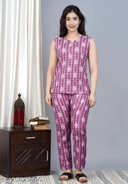 Purple floral printed women's night suit set, regular fit cotton with short sleeves. Comfortable and relaxing sleepwear for women