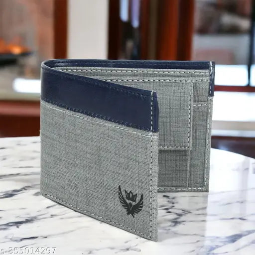 GreyBlue faux leather Lorenz BiFold casual wallet for men, featuring 6 credit card slots, 2 currency compartments, and free size (11cm x 9cm). Exclusively stylish men's accessory from India