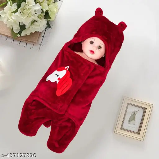 Maroon unicorn fur AC blanket, lightweight and soft for babies aged 0-6 months. Embroidered with attractive unicorn design. Velcro tape adds convenience and safety. Dimensions: 66 x 66 CM, perfect fit. Made in India
