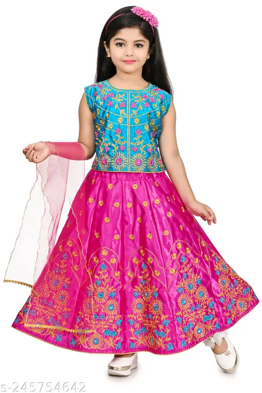 Cotton Cambric & chiffon embellished lehenga-choli for girls (3-12 years), handcrafted in India