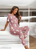 Women's printed coords set night suit and dress T-shirt pyjama combo in polycotton, low-price nightwear ensemble with long sleeves and printed pattern
