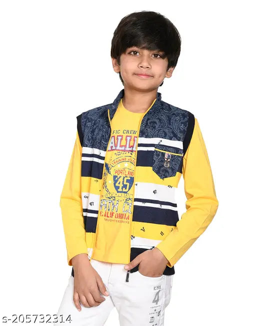 Yellow and black striped long sleeve shirt, blue and white printed T-shirt, casual boy's fashion outfit