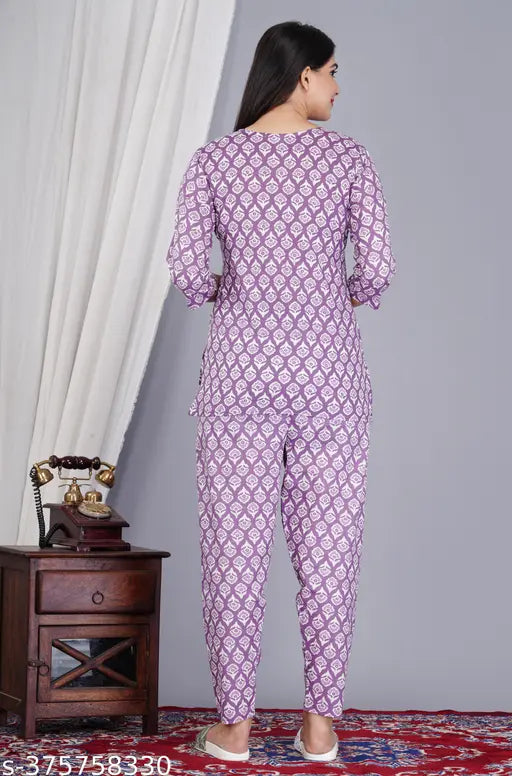 Purple cotton coord set for women, including necklace and bracelet, trendy and durable, made in India