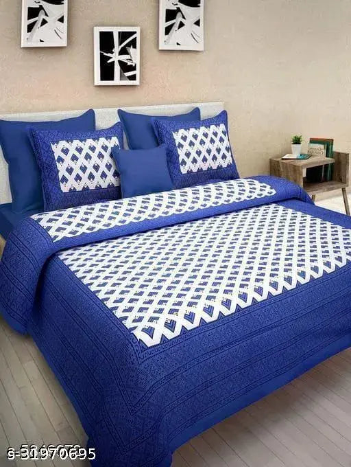 Soft cotton Jaipuri printed queen size double bedsheet with 2 pillow covers, microfiber, 140 thread count, India origin