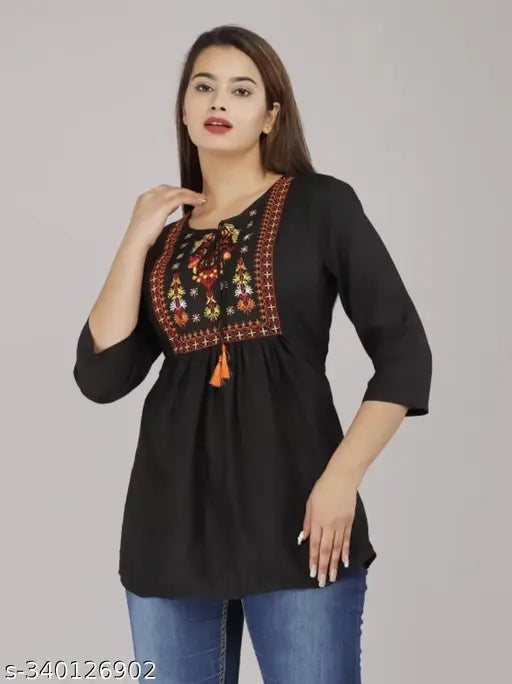 Embroidered rayon topper, TRENDY TOPPERS EMRODY UMA in three-quarter sleeves, Indian handcrafted fashion on display