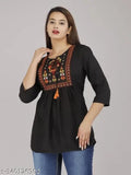 Embroidered rayon topper, TRENDY TOPPERS EMRODY UMA in three-quarter sleeves, Indian handcrafted fashion on display
