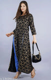Designer Flower printed Rayon FrontSlit Kurta with three-quarter sleeves, single-size options from S to XXL. Indian ethnic wear on mannequin