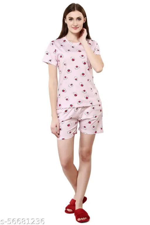 Pink mocha printed cotton shorts set for women, evolove night suit with short sleeves