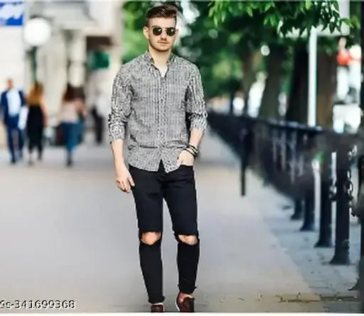 Monk black knee-cut jeans, men's solid denim jeans with distressed knees, perfect fit for any occasion, size 30 waist x 37 length, made in India
