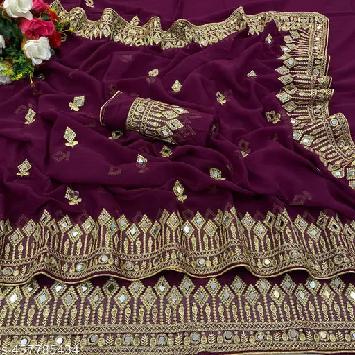 Georgette mirror-work Bollywood saree, embellished blouse, free size, India