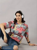 Multicolored stylish cotton blend t-shirt for women, trendy printed design, loose fit and short sleeves