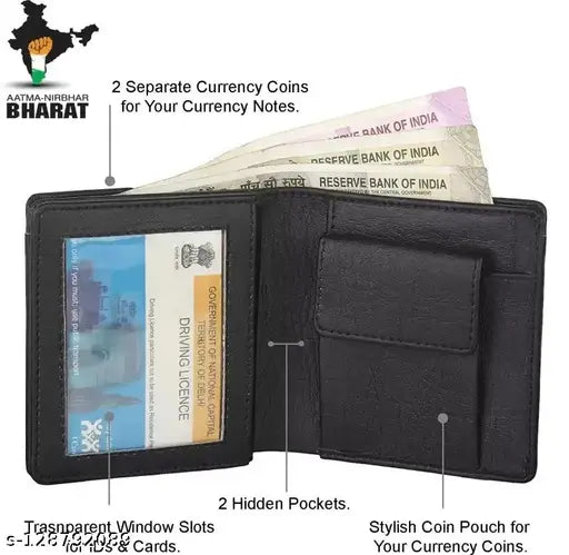 Classic world black PU wallet for men: slim, stylish, bi-fold with 7 card slots, 2 currency compartments & coin pocket